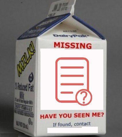 conference evaluations: a photograph of a milk carton with a message on the side "MISSING: HAVE YOU SEEN ME?" surrounding an evaluation sheet