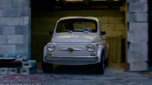 3d rendering with Blender' Cycles of an old Fiat 500 rendered with 3D lenses modeled from patent specifications. 