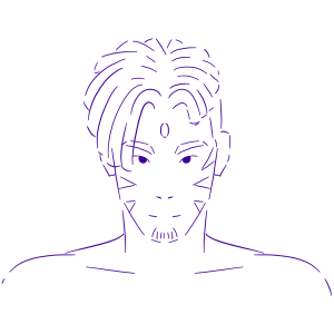A line art sketch on a transparent background of an African man with short dreadlocks, a gem in his forehead, sideburns shaved into tiger stripes, and a goatee. 
