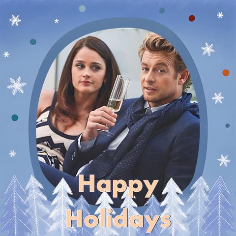 Actors Simon Baker and Robin Tunney in their roles of Patrick Jane and Teresa Lisbon in The Mentalist tv show raise a glass in the Christmas card view that says: Happy Holidays.