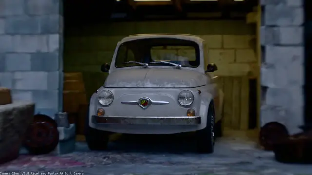 Blender rendering of an old Fiat 500 3D model with 3D optic lenses.