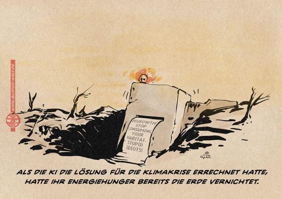 Illustration einer wüsten Erde in der ein altes Betonterminal eine Nachricht ausdruckt. Der Text der Nachricht lautet: Degrowth. Stop consuming your habitat. Stupid Idiots! Textzeile Als die KI die Lösung für die Klimakrise errechnet hatte, hatte ihr Energiehunger bereits die Erde vernichtet.