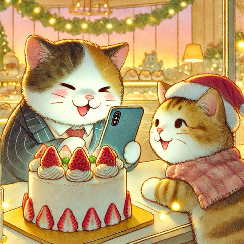 クリスマスイブの洋菓子店で、家族へのケーキを選ぶ三毛猫のサラリーマンと、熱心に接客する茶トラの子猫店員。
