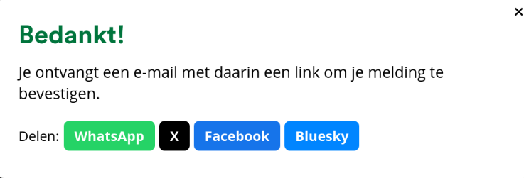 Screenshot van het meldpunt vuurwerk met vier social media sharebuttons. Een button voor Mastodon ontbreekt.