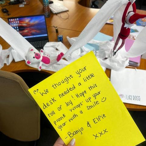 🎄🎉 LAST DAY of Banjo and Elfie’s holiday shenanigans! 🎉🎄 They went all out for Antoinette’s desk, hanging toilet paper everywhere! 🧻😂 Guess they wanted to roll out some extra fun for the season!  Thanks for following along with their festive mischief! 🎅  #BanjoAndElfie #BabyYumYum #BYY #ElfOnAShelf #OfficeShenanigans #HolidayFun #ToiletPaperTerror