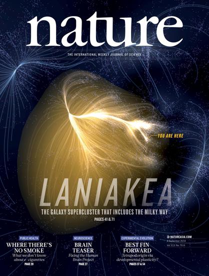 A cover of the Nature Journal, dated 4 September 2014, volume 513, issue number 7516, featuring a colorful map of the basin of attraction inside which our galaxy the Milky Way is located. This structure is roughly shaped like a heart, inside which thousands of very thin flowlines are seen converging onto a unique attractor. A particular spot in the periphery of this object is pinpointed with a label that reads "YOU ARE HERE". Outside of this structure, more flowlines converge on separate, neighbor attractors. White speckles peperred across the whole scene represent positions of galaxies. A title reads Laniakea, with a subtitle reading The galaxy supercluster that includes the Milky Way. Three other research papers in various science areas are mentioned in the lower section of the cover.

Credits:
Cover art: Mark A. Garlick / source: Daniel Pomarède.