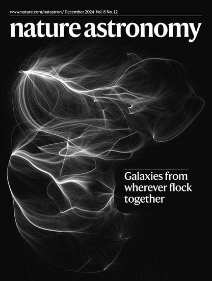 A cover of the Nature Astronomy journal, dated December 2024, Volume 8, issue number 12, featuring a three-dimensional visualization of the cosmic velocity field inferred from the Cosmicflows-4 catalog of galaxies' distances and velocities. This map spans two billion lightyears from top to bottom. The velocity field is mapped by means of tens of thousands of very thin streamlines, seeded at the positions of the catalog's galaxies. Streamlines are shown white and semi-transparent, against a black background. They exhibit a very complex pattern with multiple attractors, seen as points of convergence of the lines. A text reads Galaxies from wherever flock together.

Credits:
Image: Daniel Pomarède, Institut de Recherche sur les Lois Fondamentales de l’Univers, CEA, Université Paris-Saclay. 
Cover design: Bethany Vukomanovic.