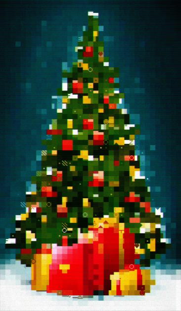 A decorated Christmas tree, with presents around the base, presented in chunky low-resolution, with very large, obvious pixels. 