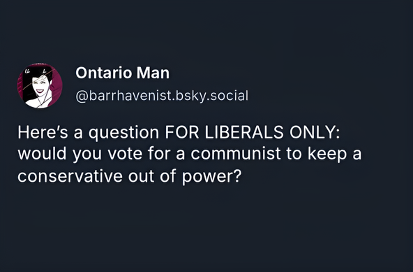 Ontario Man

@barrhavenist.bsky.social

Here's a question FOR LIBERALS ONLY:

would you vote for a communist to keep a conservative out of power?