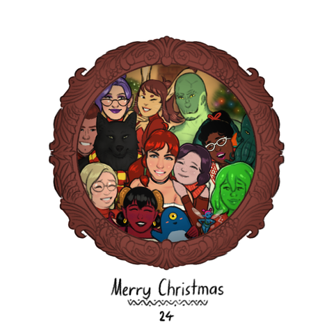 A small colour drawing of Lusty surrounded by friends and family in a picture. Behind them are festive decorations and a warm happy home. Top row: Nysma, Tikki, Snakelord. Middle row: Dulfradil, Badru, Lusty, Lilya, Rongo, Lme. Bottom row: Bolga, Ashmodai, Swig, Lewd Fairy, Jellifer.  The text reads "Merry Christmas" and "24".