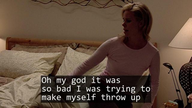 A screenshot from the TV show Curb Your Enthusiasm episode S04E04 'The Weatherman'.

Over laid is the text of a haiku:

Oh my god it was
so bad I was trying to
make myself throw up