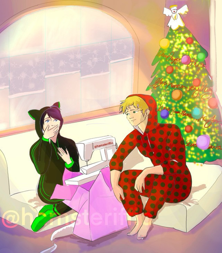 Marinette wearing Chat Noir PJs and Adrien wearing Ladybug PJs opening presents on Christmas Day: there is a sewing machine and she is surprised 