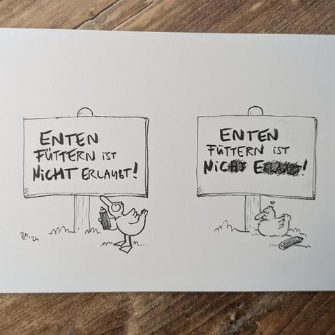 Erstes Bild: Auf einem Schild steht: ENTEN FÜTTERN IST NICHT ERLAUBT! Eine Ente kommt, mit einem Stift im Flügel. 

Zweites Bild: Auf dem Schild wurden mehrere Buchstaben durchgestrichen. Jetzt steht dort: ENTEN FÜTTERN IST NICE. Die Ente schläft zufrieden, mit dem Stift neben ihr.