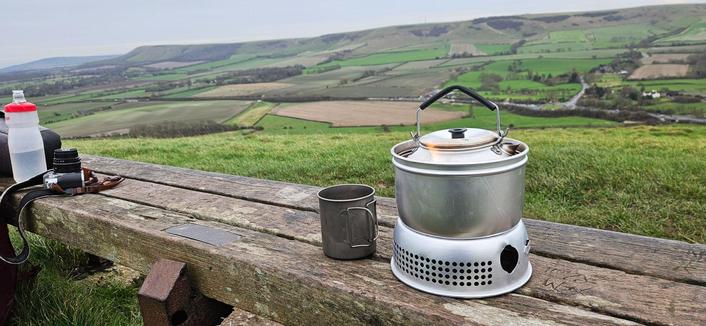 My Trangia coming to the boil for a cup of Lapsang Souchong, with the south downs in the background.