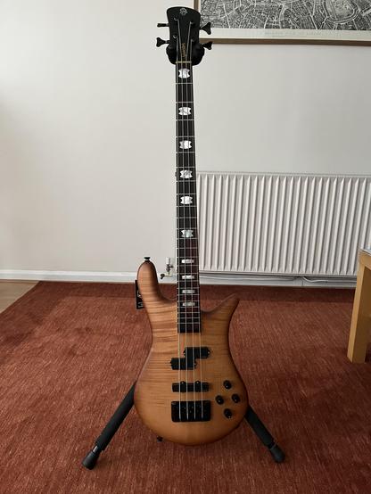 A Spector Euro LX 4 bass in a natural sunburst matte finish.
The bass is suspended from a hanging stand, on a red carpet.

It’s one sexy bass.