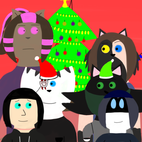 Drawing of Minea looking at the side, Jupiter looking at Minea, Nova looking at the Christmas tree confused while Cinder looks at Nova confused, Millie is looking lovingly at Minea and Minerva is smiling, not really looking at anyone. Minea is wearing a red Christmas hat while Jupiter is wearing green Christmas hat