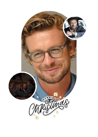 A Christmas card with actor Simon Baker shown smiling in the centre rectangular area and two small circles with different Baker images. The card reads: Merry Christmas.