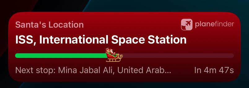 A screenshot from the Planefinder app showing Santa has arrived at the ISS. 