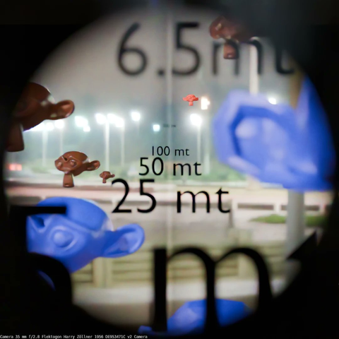 Rendering test with Blender of an optic lens group with a physical 3d f/stop 