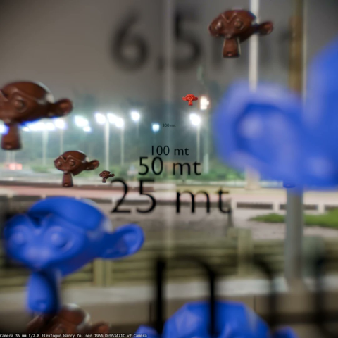 Rendering test with Blender of an optic lens group with Blender f/stop at 8