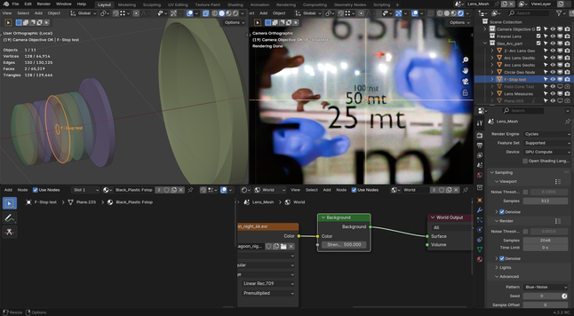 Screen shot of Blender UI showing the F/Stop between lenses and some setting of the tested F/Stop modeled in 3D.