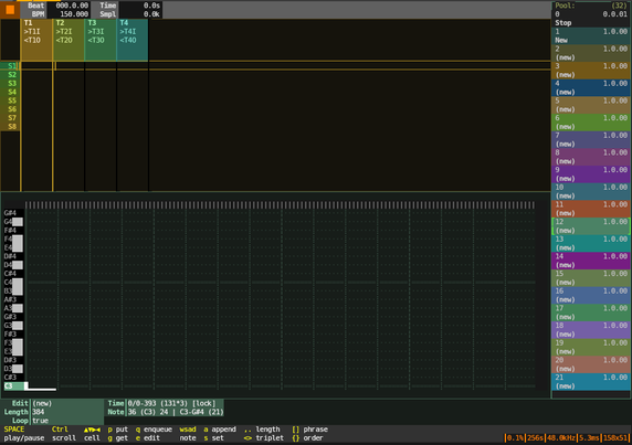screenshot of tek with its transport toolbar, arranger grid, midi editor, clip pool, and status bar