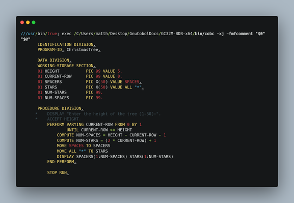 COBOL app that prints a little Christmas tree.