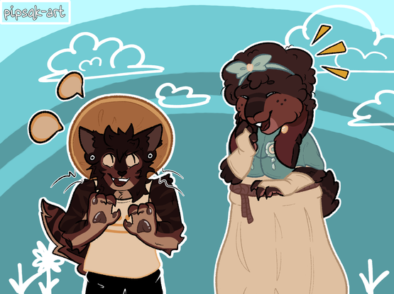 Image ID: A digital drawing of Mirabelle and Bonnie from "In Stars and Time." Mirabelle is an anthro lop-eared rabbit and Bonnie is an anthro kitten. Bonnie is saying something silly and making Mira laugh. The background is light blue with simplified white clouds and flowers. End ID.