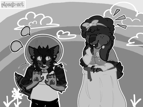 Image ID: The same as the previous drawing but color shifted to black and white monochrome, mimicking the style of the game. End ID.