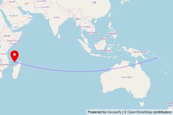 A map showing the great circle route from Honiara in Solomon Islands to a map pin at Mosquée, Avenue Ahamada Soumaïla, 97640 Sada, France