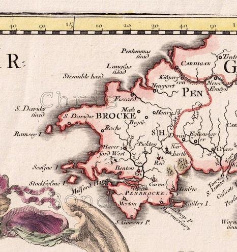 Pembrokeshire or Sir Benfro in Cymru, from Nicolas Sansons 1654 map of Wessex. The map includes Penbrocke, St Davides, Fiscard, Newport, Haverford west, Tenbye and Caldey Isle.