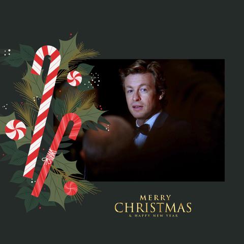 On this Christmas card decorated with red and white candy canes, actor Simon Baker is in character as Patrick Jane of The Mentalist dressed in a tuxedo in keeping with a Christmas party.