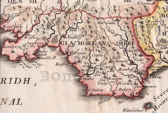 Glamorgan or Morgannwg in Cymru, from Nicolas Sansons 1654 map of Wessex. The map includes Swansey, Llandewye, Neath, Aberavon, Llandaff, Cardife, Caerfily and Bridgende.