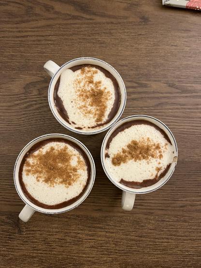 Three mugs of hot chocolate topped with frothy milk and a sprinkle of cinnamon, set on a wooden table.