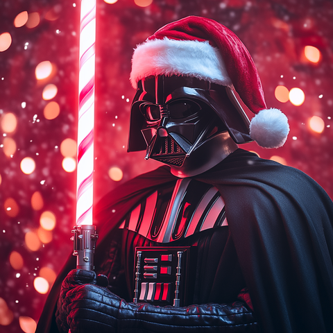 Midjourney Prompt: Darth Vader with a Santa hat fights with a red and white striped lightsaber that looks like a giant candy cane, cinema shot --style raw --v 6.1