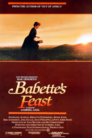 Movie poster for Babette's Feast showing a French woman with a basket foraging on the green moors
