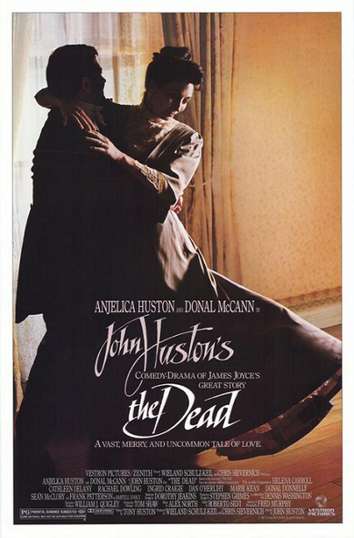Movie poster for John Huston's The Dead with a well dressed husband twirling his elegant wife as they dance 
