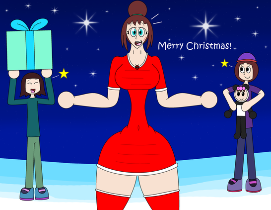 Christmas drawing of Mrs. Eddant and her three daughters, Tisha, Darina and Valary. Tisha holds a christmas present above her, Darina holds baby Valary and Mrs. Eddant, in her red Christmas outfit, says "Merry Christmas!"