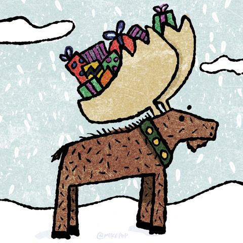 An illustration of a moose carrying a load of colorful wrapped gifts in its sizable antlers. Snow is falling against a pale blue sky. 