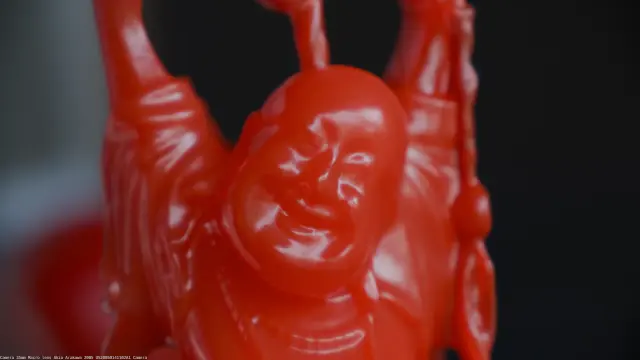 Image of a scanned 3D model of a Happy Buddha statue, rendered in extreme close-up, with Blender and an optical group of 3D lenses, for macro photography.