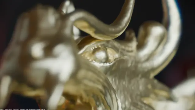 Image of a scanned 3D model of another Chinese dragon, rendered in extreme close-up, with Blender and an optical group of 3D lenses, for macro photography.