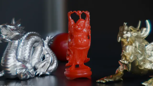 Image of a group of scanned 3D statues, rendered in medium field, with Blender and an optical group of 3D lenses, for macro photography.