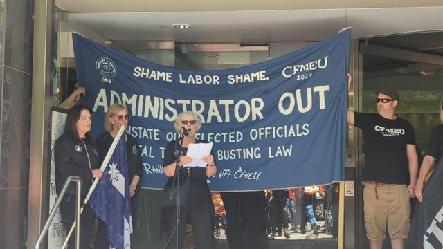 Banner 
SHAME LABOR SHAME 
ADMINISTRATOR OUT
Reinstate our elected officials 
Rank & File CFMEU members 

Union members speak outside Fairwork commission offices in Naarm aka Melbourne midday December 13th 2024
