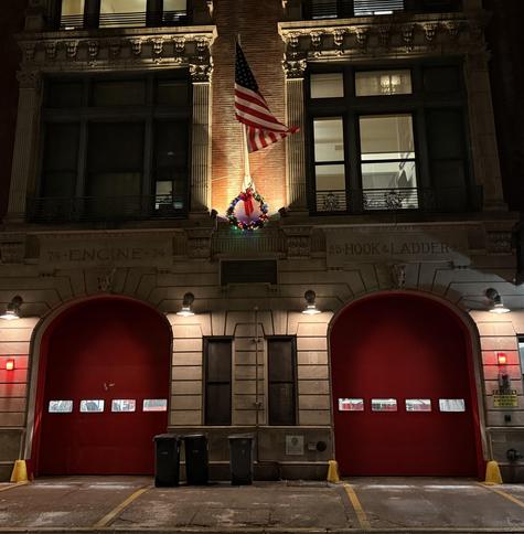 FDNY Ladder 25 lit up for Christmas. 