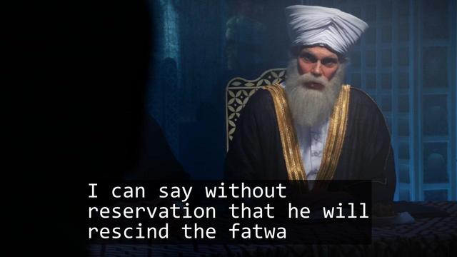 A screenshot from the TV show Curb Your Enthusiasm episode S09E08 'Never Wait For Seconds!'.

Over laid is the text of a haiku:

I can say without
reservation that he will
rescind the fatwa