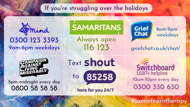 A swirly-paint, rainbow-coloured background with text on a semi transparent white background ‘If you're struggling over the holidays’ and six different organisation’s logos and contact details: Mind 0300 123 3393 9am-6pm weekdays. Samaritans always open 116 123. CALM 5pm-midnight every day 0800 58 58 58. Text shout to 85258 here for you 24/7. GriefChat 9am-9pm weekdays griefchat.co.uk/chat. Switchboard LGBT+ helpline 10am-10pm every day 0300 330 630. Also the #jamiefearntherapy