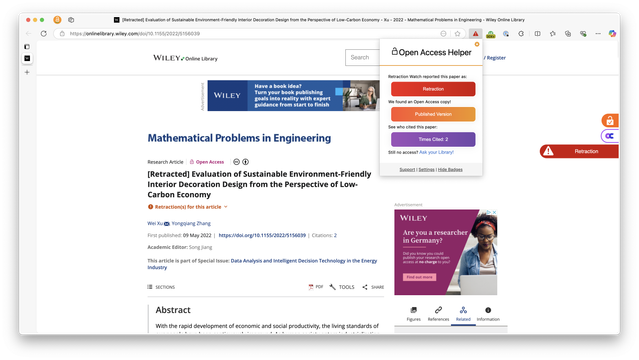 Screenshot showing an Open Access article, which was retracted. The screenshot shows the Open Access Helper popup indicate the status, along with a red badge with a white triangle indicating the retraction.