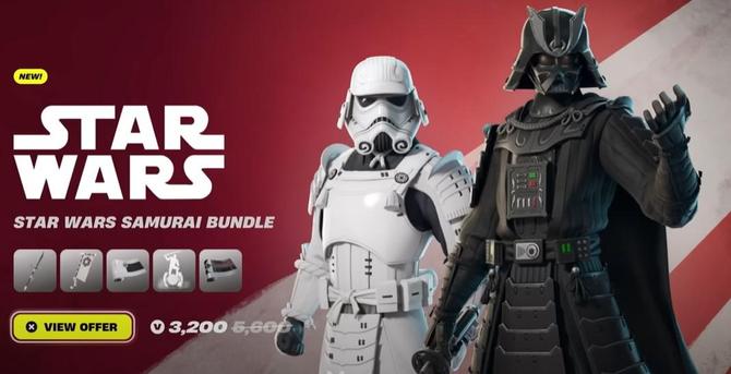 Fond rouge. Image promotionelle des personnages #StarWars dans Fortnite. Dark Vador version samurai à droite et Stormtrooper au milieu.
Starwars est écrit à gauche en lettres blanches. 