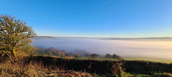 More low cloud/mist, this time in a valley between hills. The foreground- a bare elder tree and a stone wall - are crisply lit by the golden hour sun and the cloud looks smooth and flat.