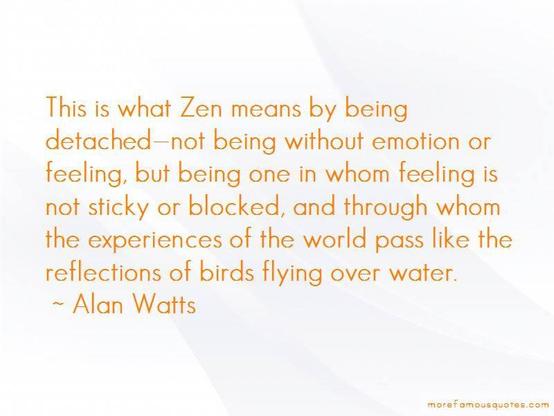 This is what Zen means by being detached—not being without emotion or feeling, but being one in whom feeling is not sticky or blocked, and through whom the experiences of the world pass like the reflections of birds flying over water.

~ Alan Watts 